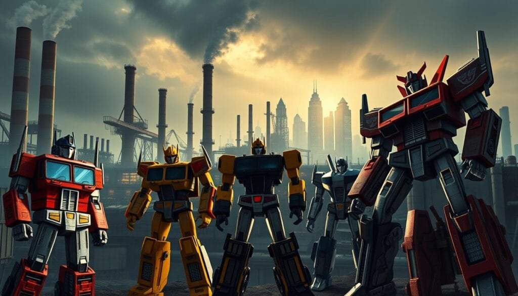 A detailed, retro-futuristic scene of the original Transformers robots in an industrial setting. In the foreground, a group of iconic Transformer characters from the 1980s, including Optimus Prime, Megatron, Bumblebee, and Soundwave, standing tall and proud in their classic designs. The middle ground features a sprawling factory or power plant, with towering smokestacks, gantry cranes, and other industrial machinery. The background is a moody, dystopian cityscape, with neon-lit skyscrapers and a cloudy, dramatic sky. Dramatic lighting casts long shadows, emphasizing the mechanical forms of the Transformers. A sense of nostalgia and the wonder of these iconic characters in a gritty, retrofuturistic setting.