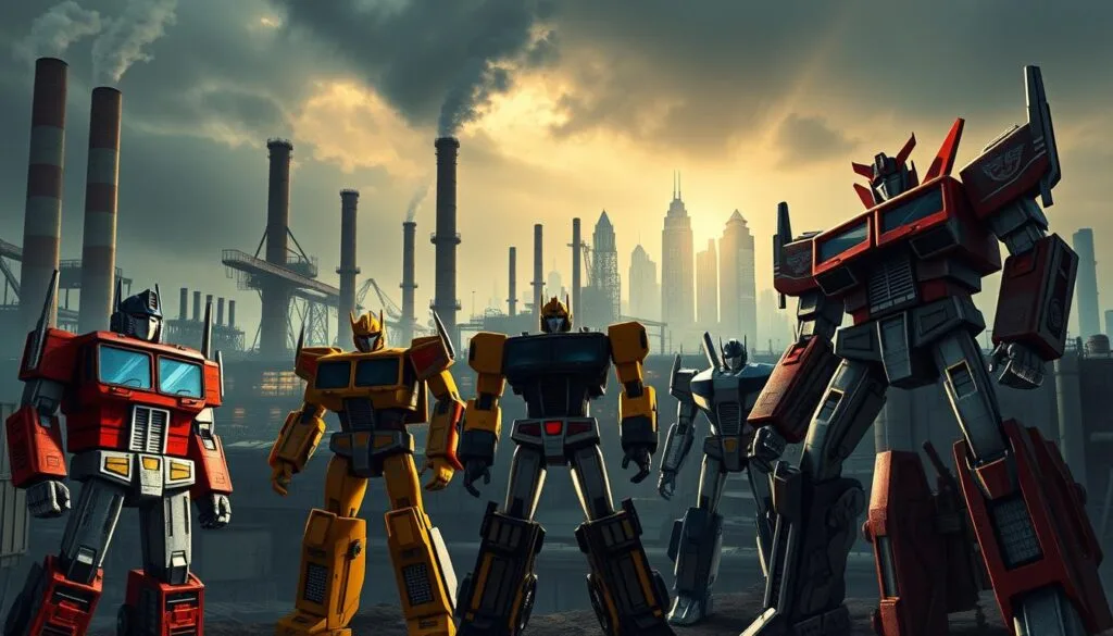 A detailed, retro-futuristic scene of the original Transformers robots in an industrial setting. In the foreground, a group of iconic Transformer characters from the 1980s, including Optimus Prime, Megatron, Bumblebee, and Soundwave, standing tall and proud in their classic designs. The middle ground features a sprawling factory or power plant, with towering smokestacks, gantry cranes, and other industrial machinery. The background is a moody, dystopian cityscape, with neon-lit skyscrapers and a cloudy, dramatic sky. Dramatic lighting casts long shadows, emphasizing the mechanical forms of the Transformers. A sense of nostalgia and the wonder of these iconic characters in a gritty, retrofuturistic setting. A detailed, retro-futuristic scene of the original Transformers robots in an industrial setting. In the foreground, a group of iconic Transformer characters from the 1980s, including Optimus Prime, Megatron, Bumblebee, and Soundwave, standing tall and proud in their classic designs. The middle ground features a sprawling factory or power plant, with towering smokestacks, gantry cranes, and other industrial machinery. The background is a moody, dystopian cityscape, with neon-lit skyscrapers and a cloudy, dramatic sky. Dramatic lighting casts long shadows, emphasizing the mechanical forms of the Transformers. A sense of nostalgia and the wonder of these iconic characters in a gritty, retrofuturistic setting.