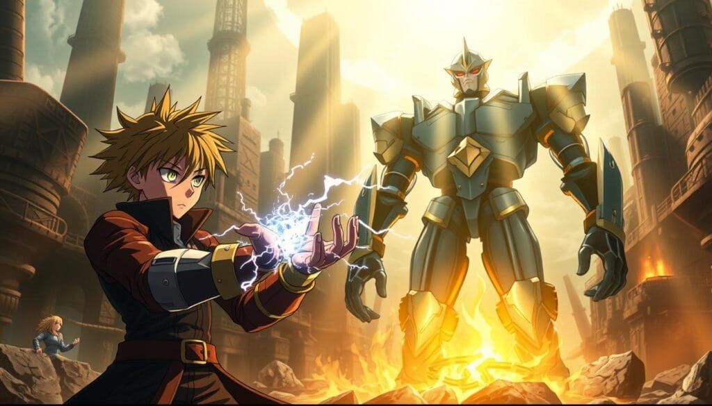 A detailed scene from the world of Fullmetal Alchemist, showcasing the skilled alchemists in action. In the foreground, a young alchemist performs a complex transmutation, energy crackling around their hands as they manipulate the elements. In the middle ground, a larger-than-life suit of armor stands resolute, its intense gaze fixed on the viewer. The background depicts a rugged, industrial landscape, with towering structures and the faint glow of alchemy-powered machinery. The lighting is dramatic, with shafts of warm light cutting through the shadows, casting the scene in an aura of mystery and wonder. The overall atmosphere is one of raw power, determination, and the endless possibilities of alchemy.