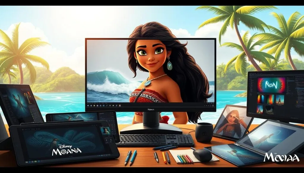 A detailed scene of AI tools used to create images of the Disney character Moana. In the foreground, various digital drawing tablets, styluses, and editing software interfaces are prominently displayed, representing the core tools used by digital artists. In the middle ground, a large computer monitor shows a work-in-progress image of Moana, with her vibrant hair, warm skin tones, and traditional island attire. The background features a lush, tropical setting with palm trees, ocean waves, and a bright, sun-drenched sky, evoking the idyllic environment of the Moana story. The overall mood is one of creativity, technological empowerment, and a connection to the natural world that inspired the character's design. A detailed scene of AI tools used to create images of the Disney character Moana. In the foreground, various digital drawing tablets, styluses, and editing software interfaces are prominently displayed, representing the core tools used by digital artists. In the middle ground, a large computer monitor shows a work-in-progress image of Moana, with her vibrant hair, warm skin tones, and traditional island attire. The background features a lush, tropical setting with palm trees, ocean waves, and a bright, sun-drenched sky, evoking the idyllic environment of the Moana story. The overall mood is one of creativity, technological empowerment, and a connection to the natural world that inspired the character's design.