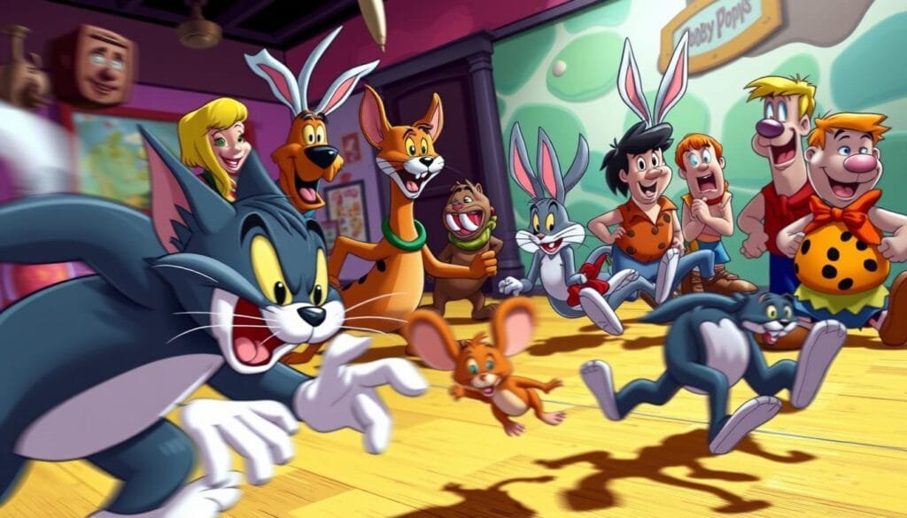 A detailed scene of Tom the cat and Jerry the mouse engaging in a playful crossover with other iconic cartoon characters. In the foreground, Tom and Jerry are in a heated chase, their movements blurred with energy. In the middle ground, classic characters like Scooby-Doo, Bugs Bunny, and The Flintstones join the fray, creating a chaotic and humorous interaction. The background is a vibrant, retro-inspired setting, with bold colors and vintage cartoon aesthetics. Dramatic lighting casts dramatic shadows, heightening the dynamic and animated atmosphere. The overall composition captures the essence of these beloved characters colliding in a unique and imaginative crossover.