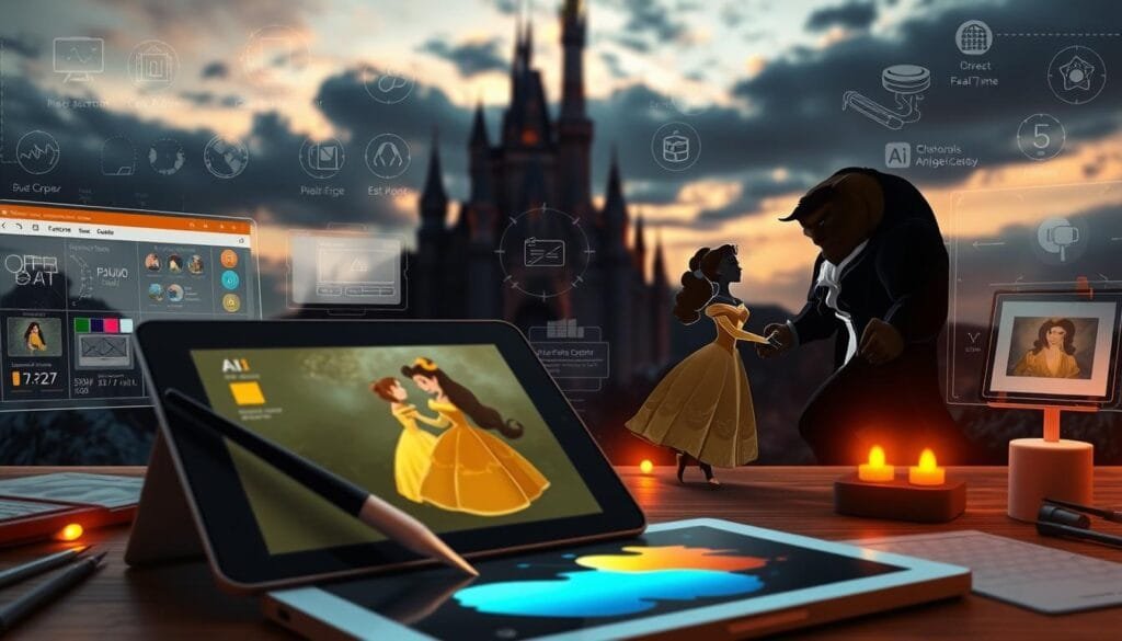 A detailed scene of enchanted AI tools used to create images inspired by the classic fairy tale Beauty and the Beast. In the foreground, a stylized tablet with a digital paint brush and AI-generated art of Belle and the Beast. In the middle ground, various AI software interfaces, algorithms, and digital canvases. In the background, a whimsical castle silhouette set against a moody, dramatic sky, hinting at the magical, fantastical nature of the fairy tale world. Warm lighting illuminates the scene, creating an atmosphere of creativity, technology, and storytelling.