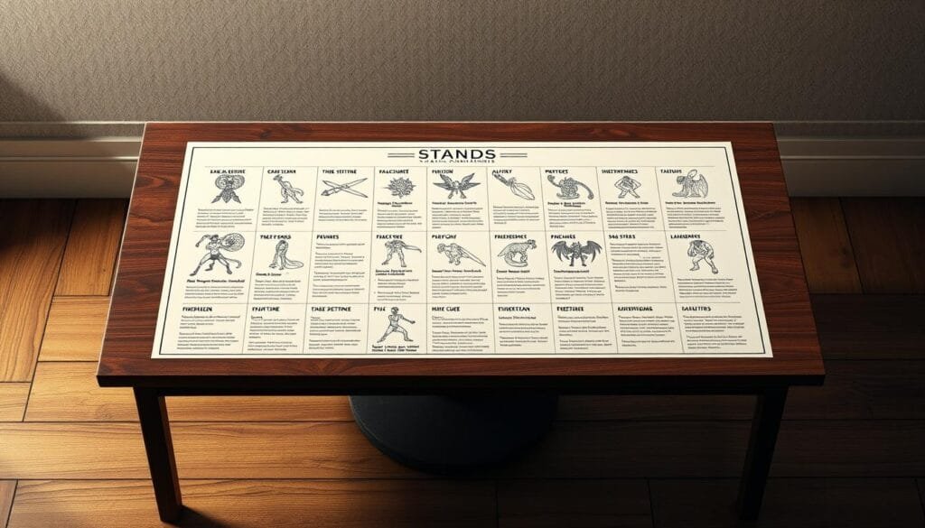 A detailed table displayed on a wooden surface, showcasing various Stand abilities and powers from the JoJo's Bizarre Adventure universe. The table features elegant line art illustrations and concise textual descriptions, all rendered in a clean, minimalist style with a muted color palette. Soft, diffused lighting illuminates the scene, creating a sense of depth and highlighting the intricate details. The overall composition is balanced and visually appealing, inviting the viewer to explore the diverse array of Stands and their unique capabilities.