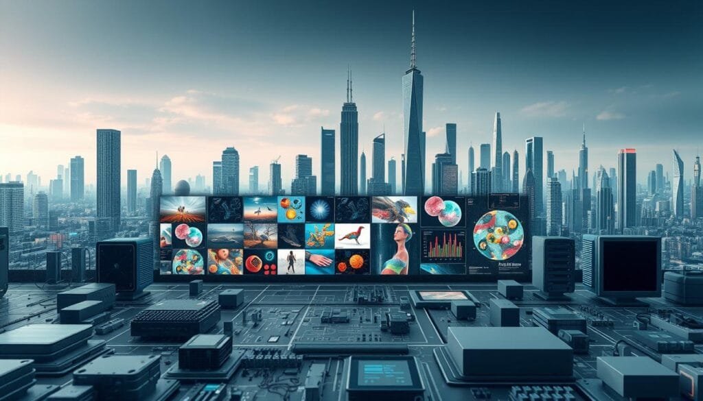 A detailed, technical illustration of AI image generation systems, showcasing the inner workings and capabilities of this emerging technology. Depict the foreground with various hardware components, AI models, and data flow diagrams. The middle ground should feature a diverse array of digital artworks and visual concepts, demonstrating the creative potential of these generative AI tools. In the background, include a futuristic cityscape with towering skyscrapers, conveying the integration of AI into our modern lives. Emphasize a sense of innovation, complexity, and boundless imagination through the use of dynamic lighting, precise 3D modeling, and a subtle, muted color palette. A detailed, technical illustration of AI image generation systems, showcasing the inner workings and capabilities of this emerging technology. Depict the foreground with various hardware components, AI models, and data flow diagrams. The middle ground should feature a diverse array of digital artworks and visual concepts, demonstrating the creative potential of these generative AI tools. In the background, include a futuristic cityscape with towering skyscrapers, conveying the integration of AI into our modern lives. Emphasize a sense of innovation, complexity, and boundless imagination through the use of dynamic lighting, precise 3D modeling, and a subtle, muted color palette.