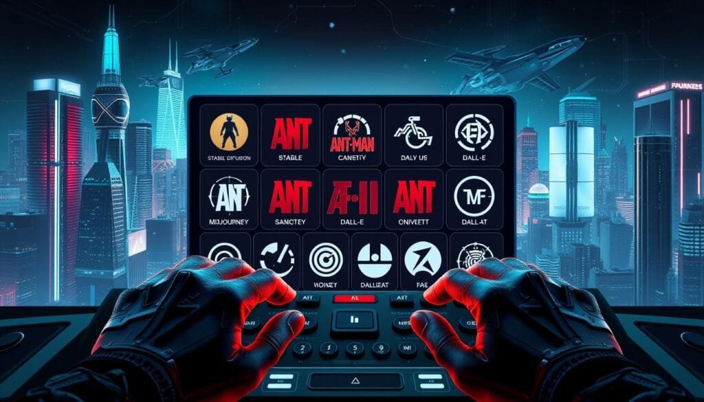 A detailed, technical illustration of the AI tools used to create Ant-Man images. Centered in the frame, an array of AI model logos, including Stable Diffusion, DALL-E, and Midjourney, arranged in a grid. In the foreground, a pair of human hands manipulating the image generation controls. The background features a futuristic, neon-lit cityscape with skyscrapers and flying vehicles, a nod to the Ant-Man universe. Lighting is dramatic, with a cool color palette accentuating the high-tech aesthetic. The overall mood is one of innovation, technology, and the creative potential of AI-powered image generation.