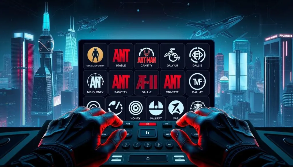 A detailed, technical illustration of the AI tools used to create Ant-Man images. Centered in the frame, an array of AI model logos, including Stable Diffusion, DALL-E, and Midjourney, arranged in a grid. In the foreground, a pair of human hands manipulating the image generation controls. The background features a futuristic, neon-lit cityscape with skyscrapers and flying vehicles, a nod to the Ant-Man universe. Lighting is dramatic, with a cool color palette accentuating the high-tech aesthetic. The overall mood is one of innovation, technology, and the creative potential of AI-powered image generation. A detailed, technical illustration of the AI tools used to create Ant-Man images. Centered in the frame, an array of AI model logos, including Stable Diffusion, DALL-E, and Midjourney, arranged in a grid. In the foreground, a pair of human hands manipulating the image generation controls. The background features a futuristic, neon-lit cityscape with skyscrapers and flying vehicles, a nod to the Ant-Man universe. Lighting is dramatic, with a cool color palette accentuating the high-tech aesthetic. The overall mood is one of innovation, technology, and the creative potential of AI-powered image generation.
