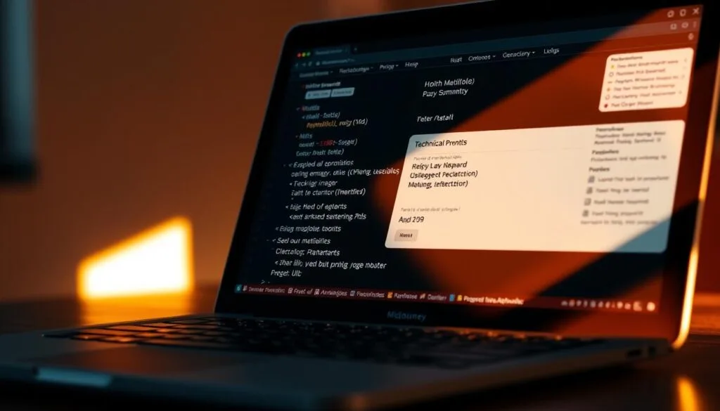 A detailed, technical illustration showcasing the optimization of prompts for the Midjourney AI image generation platform. The scene depicts a close-up view of a laptop screen, with various prompt elements such as keywords, modifiers, and technical parameters displayed prominently. The screen is bathed in warm, directional lighting, casting dramatic shadows and highlights that emphasize the depth and dimensionality of the composition. The background is a muted, blurred environment, allowing the laptop and prompt elements to be the focal point. The overall mood is one of focus, precision, and the careful crafting of effective prompts to unlock the full potential of AI-generated imagery. A detailed, technical illustration showcasing the optimization of prompts for the Midjourney AI image generation platform. The scene depicts a close-up view of a laptop screen, with various prompt elements such as keywords, modifiers, and technical parameters displayed prominently. The screen is bathed in warm, directional lighting, casting dramatic shadows and highlights that emphasize the depth and dimensionality of the composition. The background is a muted, blurred environment, allowing the laptop and prompt elements to be the focal point. The overall mood is one of focus, precision, and the careful crafting of effective prompts to unlock the full potential of AI-generated imagery.