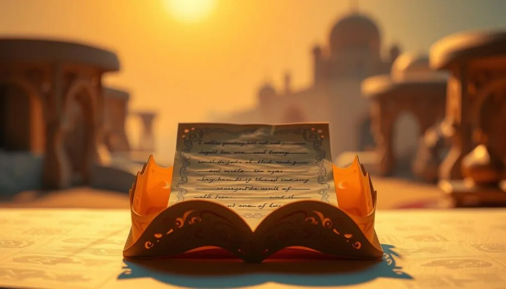 A detailed, three-dimensional structure of a paper-crafted prompt, intricately designed with intricate folds, creases, and textures, illuminated by warm, golden lighting that casts soft shadows, creating a sense of depth and dimension. The prompt is positioned in the foreground, with a blurred, dreamlike landscape of a desert oasis in the background, evoking the magical and fantastical world of Aladdin. The composition is balanced, with the prompt taking up the majority of the frame, and the background providing a subtle, complementary element. The overall atmosphere is one of wonder, creativity, and the power of imagination to bring stories to life. A detailed, three-dimensional structure of a paper-crafted prompt, intricately designed with intricate folds, creases, and textures, illuminated by warm, golden lighting that casts soft shadows, creating a sense of depth and dimension. The prompt is positioned in the foreground, with a blurred, dreamlike landscape of a desert oasis in the background, evoking the magical and fantastical world of Aladdin. The composition is balanced, with the prompt taking up the majority of the frame, and the background providing a subtle, complementary element. The overall atmosphere is one of wonder, creativity, and the power of imagination to bring stories to life.