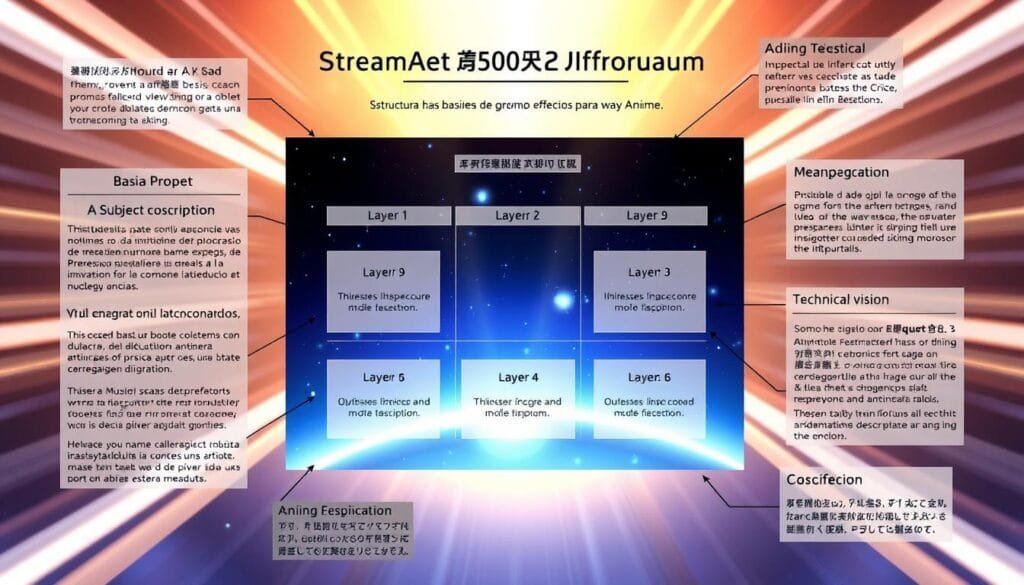 A detailed, visually striking illustration of the basic structure of effective prompts for anime-style art, created with Stable Diffusion. Centered in the composition, a thoughtfully designed grid-like framework showcases the key elements of a strong subject description, layered composition, lighting and atmosphere, technical specifications, and a cohesive artistic vision. The image radiates a sense of order, clarity, and technical mastery, reflecting the instructional nature of the accompanying article section on "Estructura Básica de Prompts Efectivos para Anime".