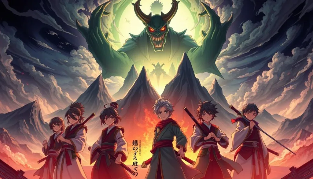 A detailed, vividly rendered illustration of a Demon Slayer-themed prompt template, showcasing a dynamic and immersive scene. In the foreground, a group of anime-style characters in traditional Japanese attire stand ready, their expressions determined and their weapons drawn. The middle ground features a dramatic, stylized landscape with towering mountains, swirling clouds, and a sense of mystical energy. In the background, a looming, ominous figure with demonic features emerges, casting an eerie glow over the entire scene. The lighting is dramatic, with a mix of warm and cool tones, and the composition is balanced and visually striking. The overall mood is one of intensity, danger, and the thrill of the Demon Slayer universe.