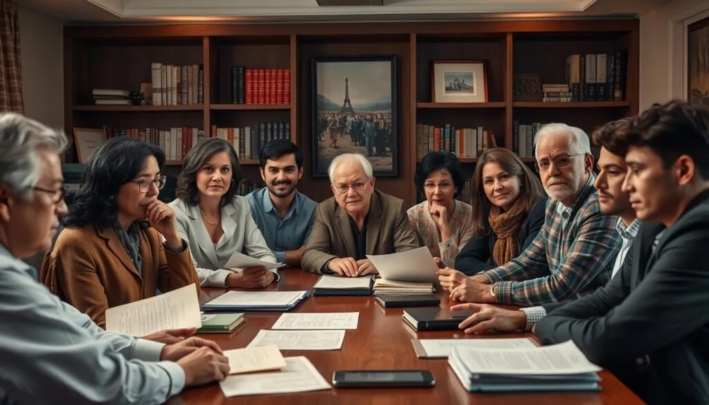 A detailed, well-lit, high-definition photograph of a group of people gathered around a table, engaged in a thoughtful discussion about the ethical considerations surrounding the popular TV series "The Boys". The foreground features a diverse panel of experts, academics, and community leaders, their expressions contemplative as they ponder the moral implications of the show's content. The middle ground showcases various documents, books, and digital devices, suggesting an in-depth analysis of the subject matter. The background sets a warm, professional atmosphere, with bookshelves, artwork, and subtle lighting creating a reflective mood. The overall composition conveys a sense of earnest, nuanced exploration of the legal and ethical dimensions of the "The Boys" universe.