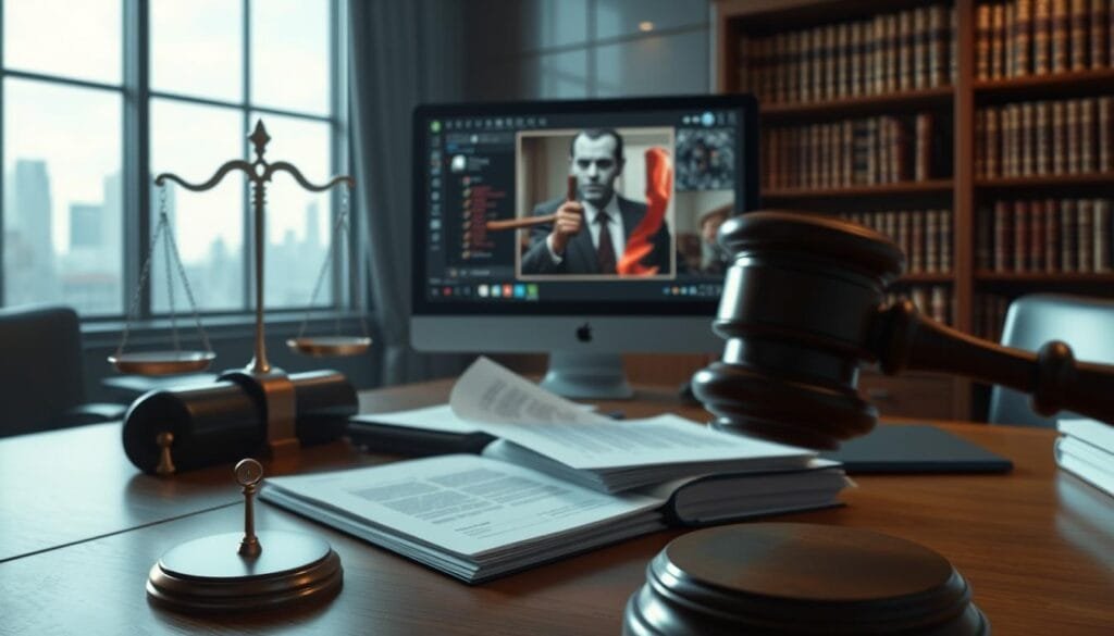 A digital art piece depicting the legal and ethical aspects of AI-generated Chainsaw Man fan art. The scene shows a courtroom setting, with a judge's gavel and scales of justice in the foreground. In the middle ground, a computer screen displays a Chainsaw Man fan art image, surrounded by legal documents and files. In the background, a bookshelf filled with law books and a window overlooking a cityscape. The lighting is somber and dramatic, conveying the gravity of the legal issues at hand. The overall atmosphere is one of contemplation and careful consideration of the complex ethical and legal considerations surrounding this emerging art form. A digital art piece depicting the legal and ethical aspects of AI-generated Chainsaw Man fan art. The scene shows a courtroom setting, with a judge's gavel and scales of justice in the foreground. In the middle ground, a computer screen displays a Chainsaw Man fan art image, surrounded by legal documents and files. In the background, a bookshelf filled with law books and a window overlooking a cityscape. The lighting is somber and dramatic, conveying the gravity of the legal issues at hand. The overall atmosphere is one of contemplation and careful consideration of the complex ethical and legal considerations surrounding this emerging art form.