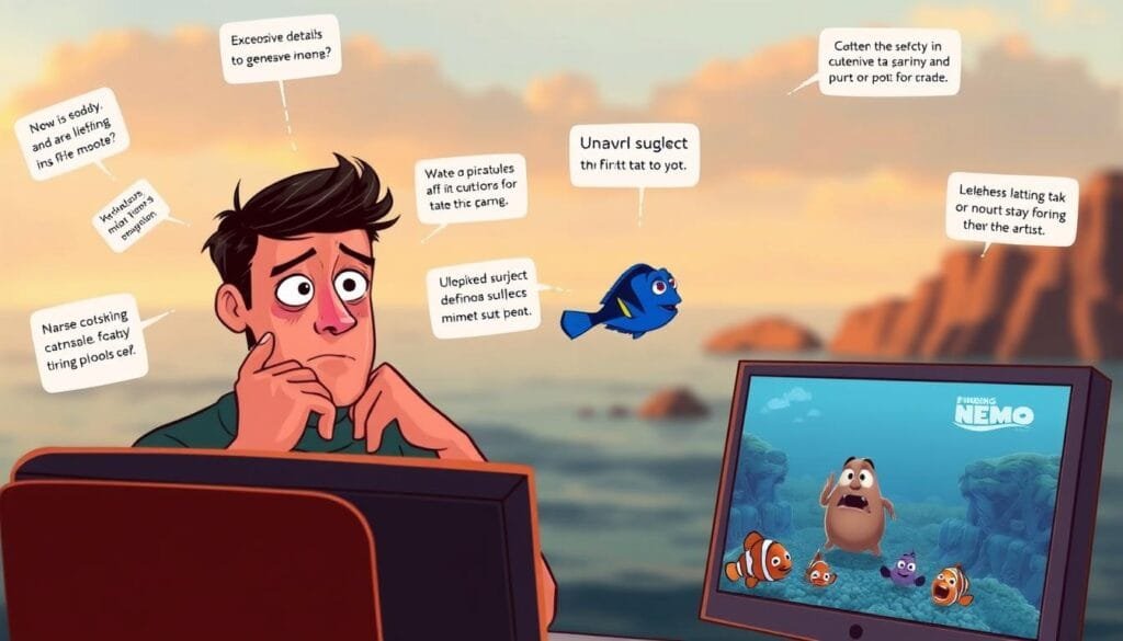 A digital illustration depicting common mistakes made when crafting prompts to generate images of the animated film "Finding Nemo". The foreground shows a perplexed person scrutinizing a computer screen, surrounded by floating visual elements representing various prompt issues like excessive details, contradictory instructions, and unclear subject definition. The middle ground features a stylized representation of the "Finding Nemo" characters and environments, hinting at the challenges of accurately capturing the film's aesthetic. The background showcases a blurred, dreamlike seascape setting, conveying the sense of an artist's creative process. Warm lighting, a muted color palette, and a slightly surreal, contemplative atmosphere capture the essence of the article's subject matter. A digital illustration depicting common mistakes made when crafting prompts to generate images of the animated film "Finding Nemo". The foreground shows a perplexed person scrutinizing a computer screen, surrounded by floating visual elements representing various prompt issues like excessive details, contradictory instructions, and unclear subject definition. The middle ground features a stylized representation of the "Finding Nemo" characters and environments, hinting at the challenges of accurately capturing the film's aesthetic. The background showcases a blurred, dreamlike seascape setting, conveying the sense of an artist's creative process. Warm lighting, a muted color palette, and a slightly surreal, contemplative atmosphere capture the essence of the article's subject matter.