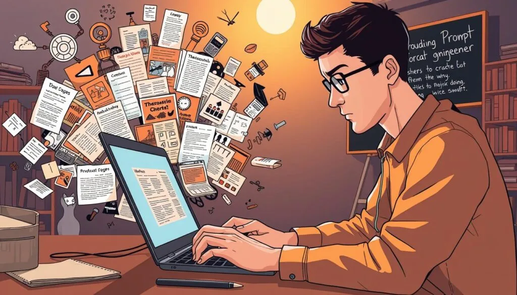 A digital illustration of a person meticulously crafting a prompt on a laptop, surrounded by a cloud of ideas, notes, and references. The foreground features the person's focused expression as they type, with their hands and the laptop's screen in sharp focus. The middle ground contains a collage of concept sketches, thesaurus pages, and sample images, hinting at the process of prompt engineering. The background is a dimly lit studio space, with shelves of books and a chalkboard filled with prompt-related scribbles, creating an atmosphere of diligent, intellectual work. The lighting is a warm, ambient glow, casting soft shadows and highlighting the thoughtful concentration of the prompt engineer.