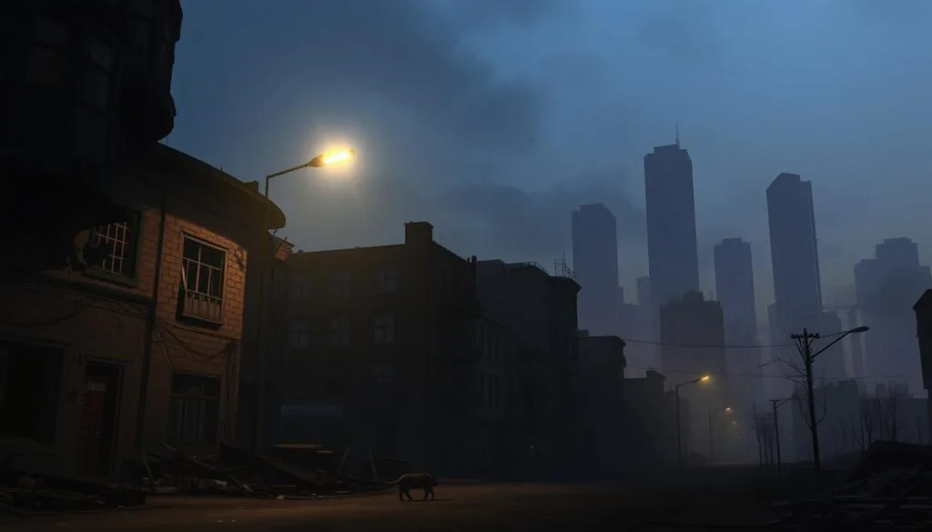 A dilapidated urban landscape, Raccoon City at dusk. The crumbling facades of buildings, their windows dark and ominous, cast long shadows across the deserted streets. A flickering streetlamp illuminates the scene, creating an eerie, unsettling atmosphere. In the distance, the silhouettes of towering skyscrapers loom, their shapes distorted by the hazy, smog-filled air. The ground is littered with debris, the only signs of life the faint scurrying of a lone stray animal. A sense of abandonment and foreboding pervades the scene, hinting at the horrors that lurk within this once-thriving metropolis.