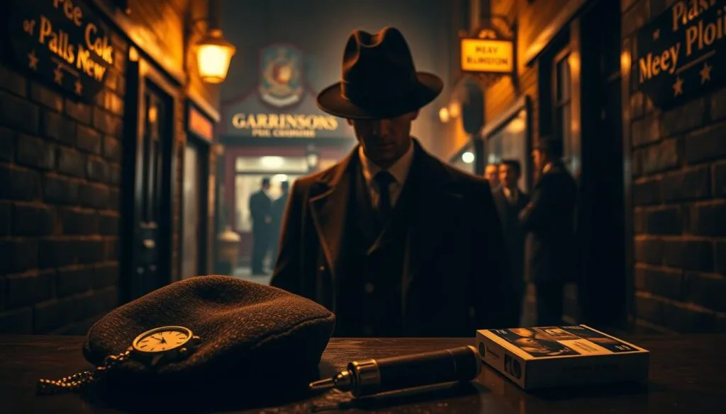 A dimly lit Victorian-era alleyway in the heart of Birmingham, England. In the foreground, a collection of Peaky Blinders paraphernalia - a flat cap, a watch fob, a silver-tipped cane, and a pack of cigarettes. In the middle ground, a shadowy figure wearing a tailored suit and overcoat, their face obscured by the brim of their hat. In the background, the faint outlines of the Garrison Pub and the silhouettes of other Peaky Blinders members gathering for a meeting. The scene is bathed in a warm, amber-tinted lighting, evoking the gritty, atmospheric tone of the Peaky Blinders universe. The overall composition conveys a sense of mystery, danger, and the rich lexicon of the Peaky Blinders' criminal underworld.