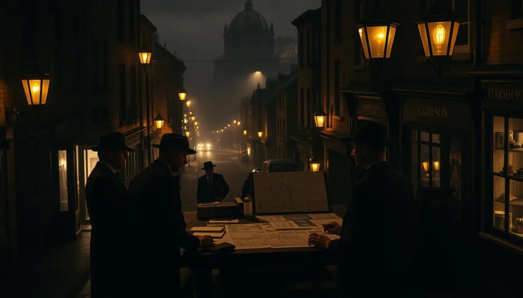 A dimly lit Victorian-era street in Birmingham, England, bathed in the warm glow of gas lamps. In the foreground, a group of Peaky Blinders gang members, their sharp suits and flat caps casting long shadows, gather around a table. The middle ground features an intricate display of detailed reference materials, blueprints, and vintage photographs, hinting at their advanced techniques for crafting the perfect prompt. The background is a hazy, atmospheric cityscape, with the iconic silhouette of the Garrison Pub in the distance. The overall mood is one of calculation, strategy, and a touch of gritty, industrial-era mystique.