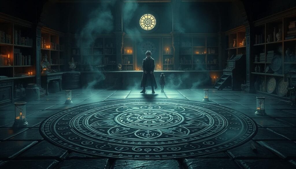 A dimly lit alchemical laboratory, shrouded in an ominous atmosphere. In the foreground, a large, ornate transmutation circle carved into the stone floor, its intricate symbols pulsing with an eerie energy. Wisps of arcane mist swirl around the circle, hinting at the forbidden power contained within. In the middle ground, a shadowy figure stands, their face obscured, hands poised to initiate a dangerous alchemical ritual. The background is filled with shelves of ancient tomes, glowing alchemical equipment, and the faint silhouettes of ominous artifacts, suggesting a long history of forbidden alchemical exploration. Dramatic chiaroscuro lighting casts dramatic shadows, heightening the sense of mystery and foreboding. The overall atmosphere evokes the themes of Fullmetal Alchemist: the temptation of power, the consequences of overreaching, and the dark underbelly of alchemy.