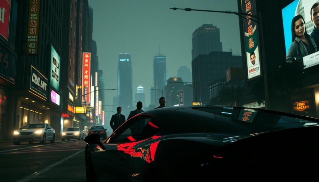 A dimly lit city street at night, with neon signs and billboards casting a glow over the scene. In the foreground, a sleek sports car is parked, its glossy paint reflecting the urban landscape. The middle ground features a group of shadowy figures, their faces obscured, suggesting a sense of mystery and intrigue. In the background, towering skyscrapers and a hazy skyline create an atmosphere of a bustling, contemporary metropolis. The overall mood is one of gritty realism, with a touch of cinematic flair, capturing the essence of the Grand Theft Auto universe.