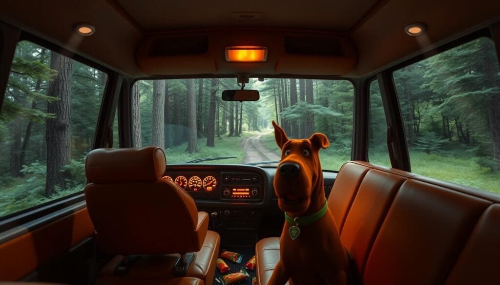 A dimly-lit, cozy interior of Scooby-Doo's iconic Mystery Machine van, its retro dashboard and leather-upholstered seats illuminated by a warm, amber glow. The van is parked in a lush, verdant forest clearing, with tall, swaying trees and a winding dirt path leading off into the distance. Beams of soft, dappled sunlight filter through the canopy, casting a serene, nostalgic atmosphere. In the foreground, Scooby's favorite Scooby Snacks are scattered on the van's floor, hinting at the gang's recent presence. The overall scene evokes a sense of adventure, mystery, and the comfort of Scooby and the gang's familiar world.