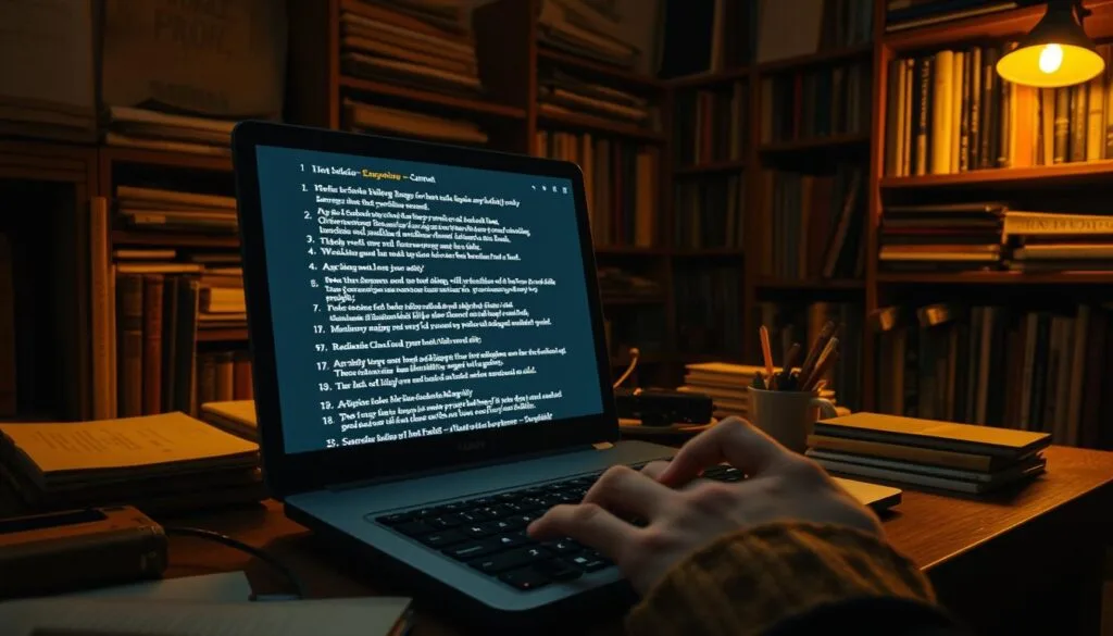 A dimly lit, cozy study with warm, golden lighting. On the desk, a laptop displays a screen filled with carefully curated prompts for generating Blue Lock-inspired images. Surrounding the desk, bookshelves overflow with reference materials, notes, and an assortment of art supplies. In the foreground, a hand delicately types on the keyboard, refining each prompt with meticulous attention to detail - the precise wording, the evocative descriptors, the carefully balanced composition. The atmosphere is one of focused creativity, where the art of prompt engineering is elevated to an intricate, rewarding pursuit.