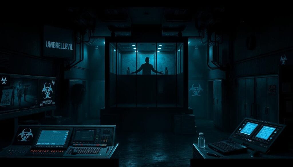 A dimly lit, gritty laboratory setting with ominous Umbrella Corporation logos and biohazard symbols scattered throughout. In the foreground, a series of advanced control panels and monitoring stations, their displays casting an eerie blue glow. The middle ground features a large, imposing containment chamber, its glass walls revealing the shadowy silhouettes of unseen experiments. The background is shrouded in darkness, hinting at the sinister secrets lurking within the depths of the Resident Evil universe. Dramatic chiaroscuro lighting casts dramatic shadows, heightening the sense of tension and foreboding. The overall atmosphere is one of unease, scientific precision, and the looming threat of the unknown. A dimly lit, gritty laboratory setting with ominous Umbrella Corporation logos and biohazard symbols scattered throughout. In the foreground, a series of advanced control panels and monitoring stations, their displays casting an eerie blue glow. The middle ground features a large, imposing containment chamber, its glass walls revealing the shadowy silhouettes of unseen experiments. The background is shrouded in darkness, hinting at the sinister secrets lurking within the depths of the Resident Evil universe. Dramatic chiaroscuro lighting casts dramatic shadows, heightening the sense of tension and foreboding. The overall atmosphere is one of unease, scientific precision, and the looming threat of the unknown.