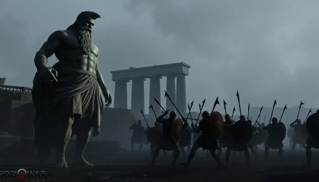 A dimly lit, gritty scene showcasing common mistakes made in prompts for God of War-inspired images. In the foreground, a colossal, poorly-detailed statue of the Greek god Zeus dominates the frame, its proportions and features distorted. In the middle ground, a group of shoddy, cartoonish hoplites engage in clumsy battle, their movements stiff and unnatural. The background is shrouded in a hazy, indistinct landscape, with towering, generic Greek columns and a gray, overcast sky. The overall atmosphere is one of amateurish execution, a cautionary tale of the pitfalls awaiting those who do not craft their prompts with care and attention to detail.