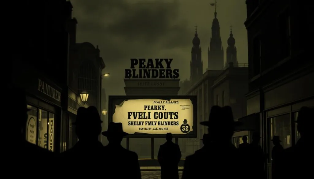 A dimly lit, gritty street in 1920s Birmingham, England. In the foreground, a group of Peaky Blinders members, their faces obscured by shadows, stand with furrowed brows, reflecting the mistakes and missteps in their prompt attempts to generate a visually striking image. The middle ground features a tattered billboard advertising a "Peaky Blinders" event, its design flawed and unpolished. In the background, the imposing silhouettes of the Shelby family's headquarters loom, a reminder of the high standards they set. The scene is bathed in a sepia-toned, moody lighting, capturing the somber tone of the "Errors in Peaky Blinders Prompts" subject. The overall atmosphere evokes a sense of cautionary tale, urging the viewer to learn from the mistakes of others in their own prompt-crafting endeavors.