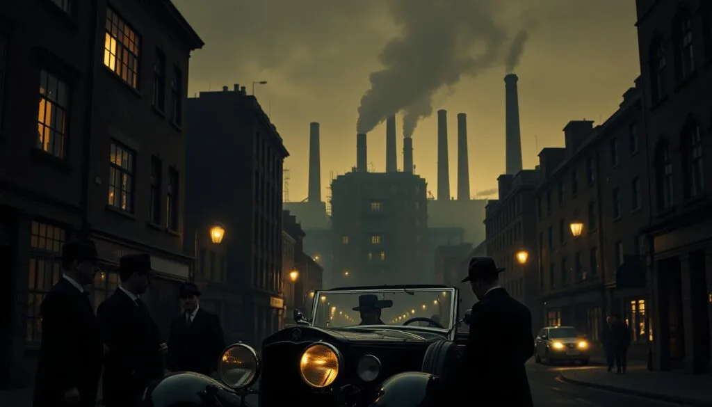 A dimly lit, gritty street in Birmingham's industrial district during the Peaky Blinders era. In the foreground, a group of sharply dressed men in flat caps and tailored suits gather around a vintage automobile, their faces cast in dramatic chiaroscuro lighting. In the middle ground, the streets are lined with towering brick buildings, their windows casting a warm glow, while in the background, the iconic silhouettes of factory chimneys loom against a hazy, smoke-filled sky. The scene is infused with a sense of tension and power, capturing the essence of the Peaky Blinders' world.