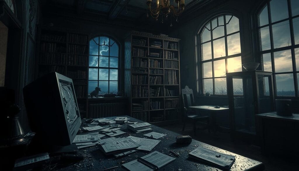 A dimly lit, grungy room in an abandoned Resident Evil mansion. In the foreground, a desk with scattered papers and a shattered computer monitor, hinting at the futile attempts to create improved prompts. The middle ground features a large, ominous bookshelf filled with tattered volumes on occult and supernatural topics. In the background, a window reveals a stormy, moody sky, casting an ominous glow over the scene. The overall atmosphere is one of frustration, futility, and the looming presence of the Resident Evil universe. Lighting is dramatic, with deep shadows and highlights, as if illuminated by a single, flickering candle. The camera angle is low, creating a sense of unease and vulnerability. A dimly lit, grungy room in an abandoned Resident Evil mansion. In the foreground, a desk with scattered papers and a shattered computer monitor, hinting at the futile attempts to create improved prompts. The middle ground features a large, ominous bookshelf filled with tattered volumes on occult and supernatural topics. In the background, a window reveals a stormy, moody sky, casting an ominous glow over the scene. The overall atmosphere is one of frustration, futility, and the looming presence of the Resident Evil universe. Lighting is dramatic, with deep shadows and highlights, as if illuminated by a single, flickering candle. The camera angle is low, creating a sense of unease and vulnerability.