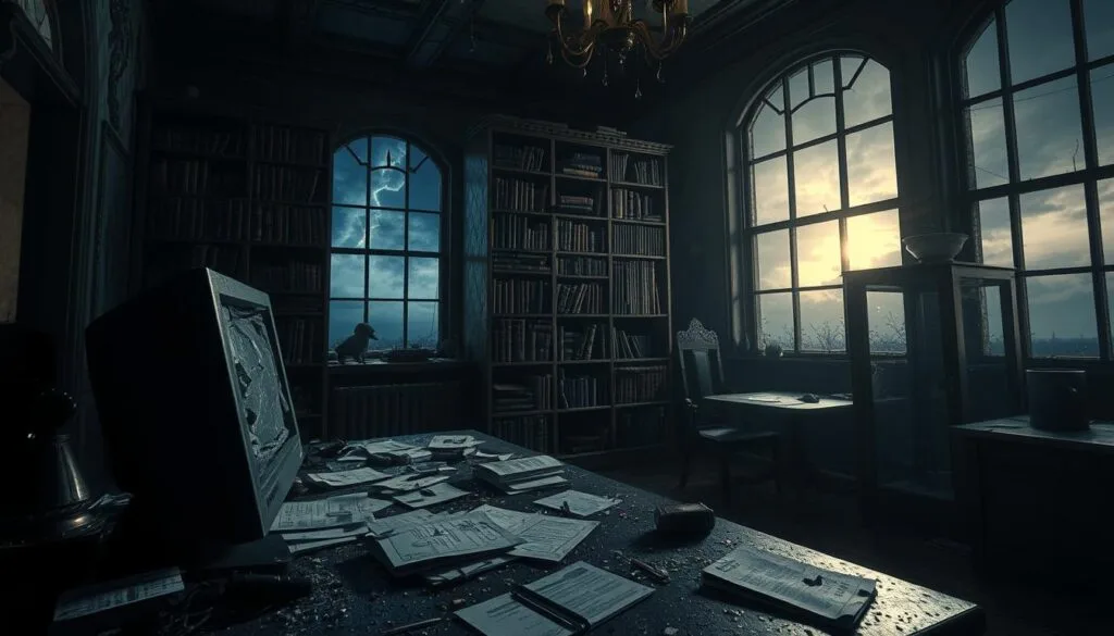 A dimly lit, grungy room in an abandoned Resident Evil mansion. In the foreground, a desk with scattered papers and a shattered computer monitor, hinting at the futile attempts to create improved prompts. The middle ground features a large, ominous bookshelf filled with tattered volumes on occult and supernatural topics. In the background, a window reveals a stormy, moody sky, casting an ominous glow over the scene. The overall atmosphere is one of frustration, futility, and the looming presence of the Resident Evil universe. Lighting is dramatic, with deep shadows and highlights, as if illuminated by a single, flickering candle. The camera angle is low, creating a sense of unease and vulnerability.