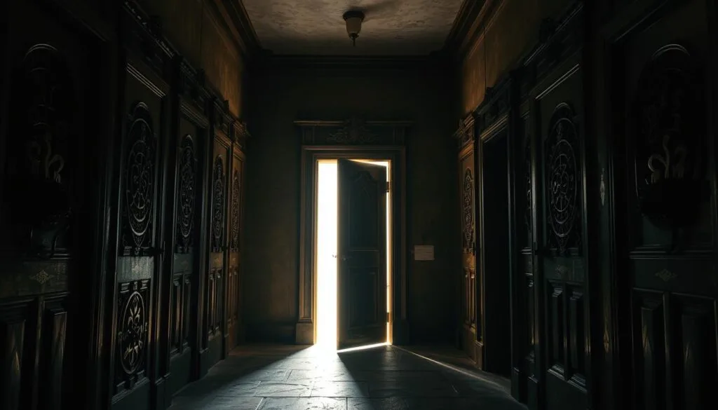 A dimly lit hallway of an old, foreboding building, the walls adorned with a variety of ornate, wooden doors. The doors are carved with intricate patterns and strange symbols, each one casting an ominous presence. The lighting is atmospheric, with shadows casting across the scene, creating a sense of unease and anticipation. In the foreground, a single door stands slightly ajar, a faint glow emanating from the crack, hinting at the terrors that may lie beyond. The overall mood is one of suspense and the unknown, inviting the viewer to imagine the startling encounters that may unfold behind these enigmatic entryways.