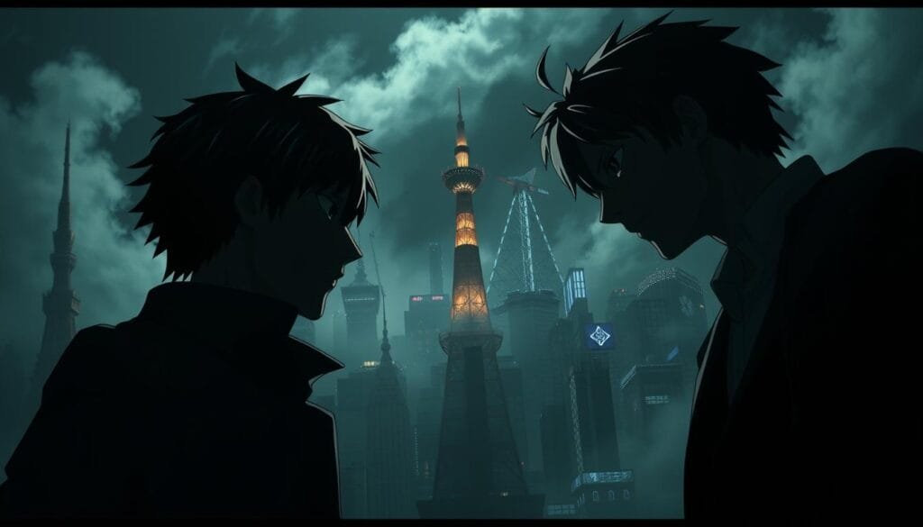 A dimly lit, high-contrast scene depicting the complex, shadowy world of Death Note. In the foreground, the iconic characters Light Yagami and L Lawliet engage in a tense intellectual battle, their faces partially obscured by dramatic lighting. In the middle ground, a maze-like cityscape of Tokyo towers and skyscrapers, rendered in a moody, neo-noir aesthetic. The background is shrouded in an ominous, billowing mist, hinting at the supernatural forces at play. The overall composition conveys a sense of mystery, intrigue, and the high-stakes clash of brilliant minds. Cinematic lighting and a low camera angle add depth and drama to the scene.