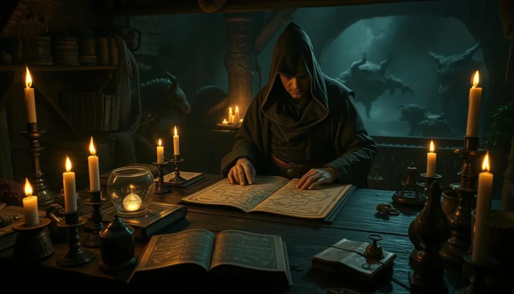 A dimly lit, medieval-inspired workshop, illuminated by flickering candles. In the foreground, an array of arcane tomes, alchemical instruments, and a glowing, translucent crystal orb, hinting at the advanced techniques for mastering the challenges of Elden Ring. The middle ground features a skilled artisan, clad in a hooded robe, carefully studying a detailed map of the Lands Between, meticulously planning their next steps. The background is shrouded in shadows, with glimpses of otherworldly, fantastical creatures lurking in the distance, symbolizing the hidden depths and mysteries waiting to be unraveled. The overall atmosphere is one of focused intensity, scholarly dedication, and a sense of the arcane and the unknown. A dimly lit, medieval-inspired workshop, illuminated by flickering candles. In the foreground, an array of arcane tomes, alchemical instruments, and a glowing, translucent crystal orb, hinting at the advanced techniques for mastering the challenges of Elden Ring. The middle ground features a skilled artisan, clad in a hooded robe, carefully studying a detailed map of the Lands Between, meticulously planning their next steps. The background is shrouded in shadows, with glimpses of otherworldly, fantastical creatures lurking in the distance, symbolizing the hidden depths and mysteries waiting to be unraveled. The overall atmosphere is one of focused intensity, scholarly dedication, and a sense of the arcane and the unknown.
