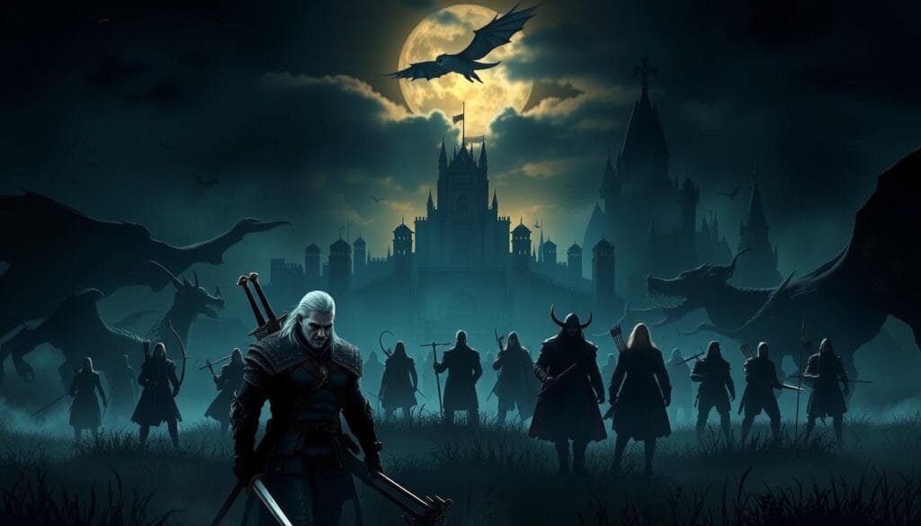 A dimly lit, moody fantasy landscape, where the iconic characters from The Witcher franchise cross paths with figures from other beloved fantasy universes. In the foreground, Geralt of Rivia, the stoic Witcher, stands vigilant, his silver sword gleaming in the twilight. Surrounding him, shadowy silhouettes of fantastical creatures - perhaps a dragon soaring overhead, or a towering ogre lurking in the distance. The middle ground reveals a clash of cultures, with elven archers and dwarven warriors standing alongside arcane mages, all united against a common threat. In the background, a majestic castle or ancient ruins provide a sense of scale and history, hinting at the grand narrative that binds these disparate worlds together. Dramatic lighting, deep shadows, and a sense of foreboding atmosphere elevate the scene, creating a captivating crossover that sparks the imagination.