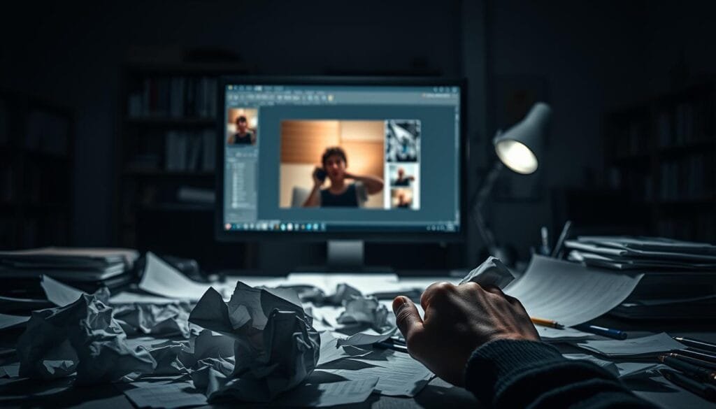 A dimly lit office interior, with a cluttered desk in the foreground showcasing various crumpled papers, pens, and a frustrated-looking person's hand. In the middle ground, a large computer monitor displays a partially obscured image-editing interface, hinting at the challenges of crafting effective image generation prompts. The background is blurred, but suggests a bookshelf or shelving unit, creating a sense of an academic or professional setting. Dramatic, moody lighting casts shadows across the scene, conveying the feelings of struggle and problem-solving associated with prompt engineering.