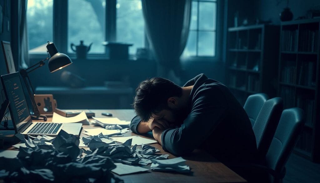 A dimly lit office setting, with a desk covered in crumpled papers and a laptop displaying an error message. In the foreground, a frustrated person rests their head in their hands, surrounded by a haze of uncertainty. The background features bookshelves and a window, hinting at the broader context of the creative process. Dramatic lighting casts shadows, conveying a sense of tension and the challenges of generating effective prompts for AI-powered image creation of the superhero, Black Adam.