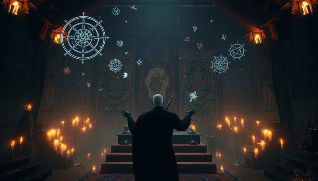 A dimly lit ritual chamber in The Witcher universe, bathed in the soft glow of candles and the flickering light of magical energies. In the foreground, a cloaked figure stands before a raised dais, hands outstretched as they weave a complex incantation. Arcane symbols and runes float in the air, pulsing with an otherworldly power. The middle ground reveals intricate tapestries and ancient tomes lining the walls, hinting at the depth of esoteric knowledge contained within. The background fades into shadow, suggesting the presence of more mysterious forces lurking just out of sight. The overall atmosphere is one of mysticism, wonder, and the raw, primal energy of the Witcher's world.