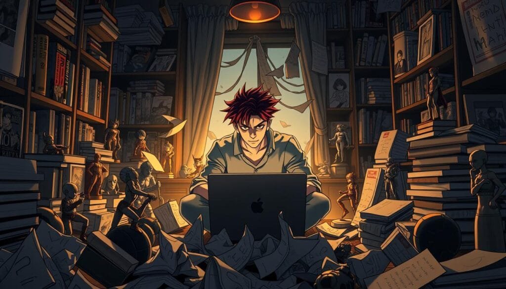 A dimly lit room, filled with manga volumes and figurines of iconic JoJo characters. In the center, a person sits hunched over a laptop, brow furrowed in concentration. Surrounding them, a chaotic mess of crumpled paper and half-finished sketches, the remnants of failed attempts at crafting the perfect prompt. The room is bathed in a warm, golden glow, creating a sense of frustration and creative struggle. The person's expression conveys a mixture of determination and exasperation, as they grapple with the challenge of capturing the unique style and essence of JoJo's Bizarre Adventure through the lens of a text-to-image AI model.