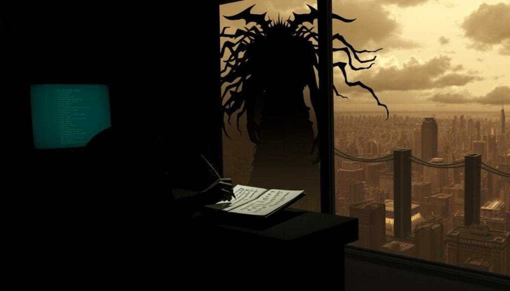 A dimly lit room, illuminated by the eerie glow of a computer screen. In the foreground, a solitary figure sits hunched over, a quill pen in hand, a trail of names scrawled across a notebook. The middle ground reveals the iconic silhouette of the Death God, Ryuk, looming ominously in the shadows. The background depicts a sprawling city skyline, cast in a haunting sepia tone, hinting at the far-reaching consequences of the actions unfolding. The scene is imbued with a palpable sense of tension and foreboding, capturing the essence of the iconic Death Note universe.