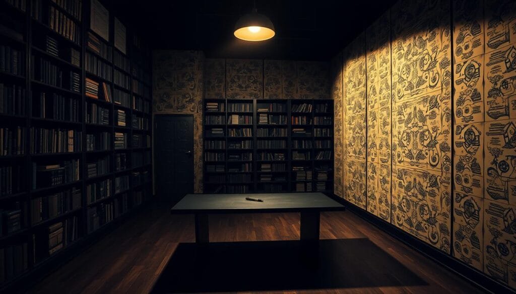 A dimly lit room, the walls adorned with intricate patterns resembling pages from a mysterious notebook. Towering bookshelves line the space, casting long shadows that dance across the floor. In the center, a sleek, modern desk sits, its surface adorned with a single, ominous-looking pen. Overhead, a single, high-intensity light casts a warm glow, illuminating the scene with a sense of foreboding and intrigue. The atmosphere is one of contemplation and the pursuit of knowledge, with a subtle hint of the supernatural lurking just beneath the surface.
