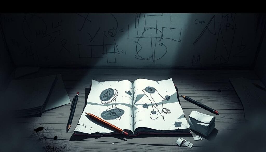 A dimly lit room, the walls adorned with scattered sketches and scribbles, a stark contrast to the sleek, minimalist aesthetic typically associated with Death Note. In the center, a tattered notebook lies open, its pages stained with errant ink blots and hastily drawn, unrecognizable shapes. Nearby, a broken pencil and a crumpled sheet of paper suggest the struggles of an artist grappling with the challenges of translating the iconic anime series into a visual medium. The scene is shrouded in a haze of uncertainty, a metaphor for the common pitfalls encountered when attempting to create AI-generated Death Note images.