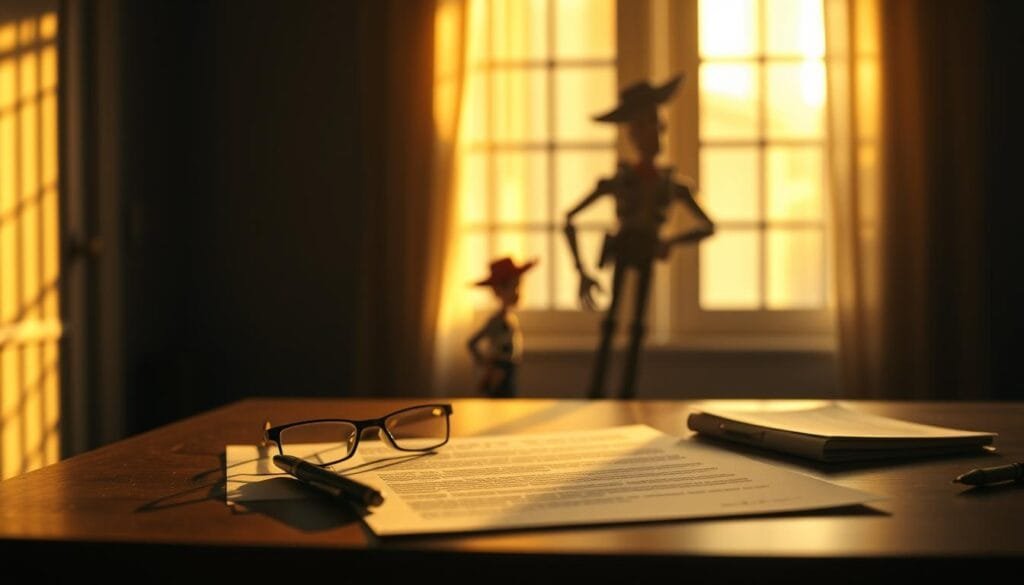 A dimly lit room, with warm golden light filtering through a window, casting soft shadows across a table. On the table, a collection of legal documents, glasses, and a pen, symbolizing the legal and ethical considerations surrounding the creation of Toy Story-inspired AI images. In the background, a muted, blurred silhouette of the iconic Toy Story characters, hinting at the subject matter. The overall mood is one of thoughtful contemplation, with a focus on the careful balance between creative expression and responsible use of intellectual property. A dimly lit room, with warm golden light filtering through a window, casting soft shadows across a table. On the table, a collection of legal documents, glasses, and a pen, symbolizing the legal and ethical considerations surrounding the creation of Toy Story-inspired AI images. In the background, a muted, blurred silhouette of the iconic Toy Story characters, hinting at the subject matter. The overall mood is one of thoughtful contemplation, with a focus on the careful balance between creative expression and responsible use of intellectual property.