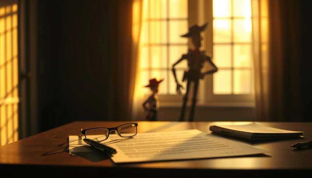 A dimly lit room, with warm golden light filtering through a window, casting soft shadows across a table. On the table, a collection of legal documents, glasses, and a pen, symbolizing the legal and ethical considerations surrounding the creation of Toy Story-inspired AI images. In the background, a muted, blurred silhouette of the iconic Toy Story characters, hinting at the subject matter. The overall mood is one of thoughtful contemplation, with a focus on the careful balance between creative expression and responsible use of intellectual property.