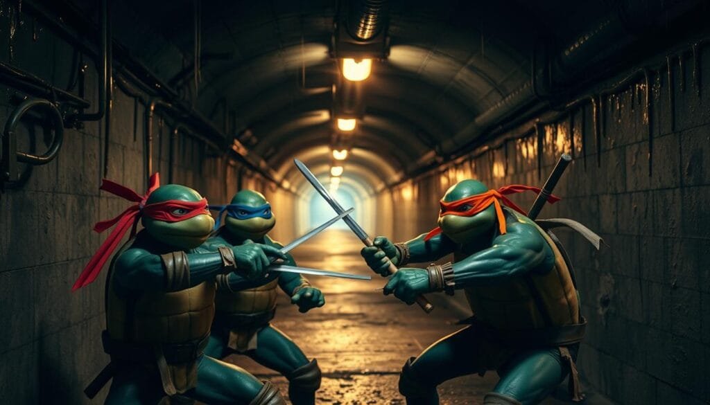A dimly lit sewer tunnel, the walls dripping with moisture, sets the scene for a group of four Teenage Mutant Ninja Turtles. Raphael, Donatello, Michelangelo, and Leonardo, dressed in their iconic masks and gear, engage in a fierce training session, their nunchucks, bo staffs, and sai blades clashing in a symphony of movement. Overhead, a faint glow of streetlights filters in, casting a warm, atmospheric illumination that highlights the turtles' determined expressions. In the background, the tunnel stretches out, hinting at the vast network of sewers they call home, a testament to their resilience and the secrets they guard within.