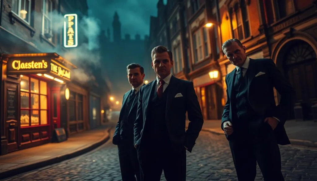 A dimly lit street in Birmingham, England, in the 1920s. In the foreground, a group of well-dressed men with sharp, angular features and slicked-back hair stand confidently, their hands resting on the pockets of their tailored suits. The middle ground reveals the facade of a smoky, neon-lit pub, its windows casting an eerie glow onto the cobblestone road. In the background, the silhouettes of Victorian-era buildings loom, their intricate architectural details obscured by the shadows. The overall atmosphere is one of gritty, urban decay tinged with a sense of power and control. The lighting is a mix of warm, amber tones and cool, blue hues, creating a moody, cinematic effect. The camera angle is slightly low, adding to the sense of imposing authority.