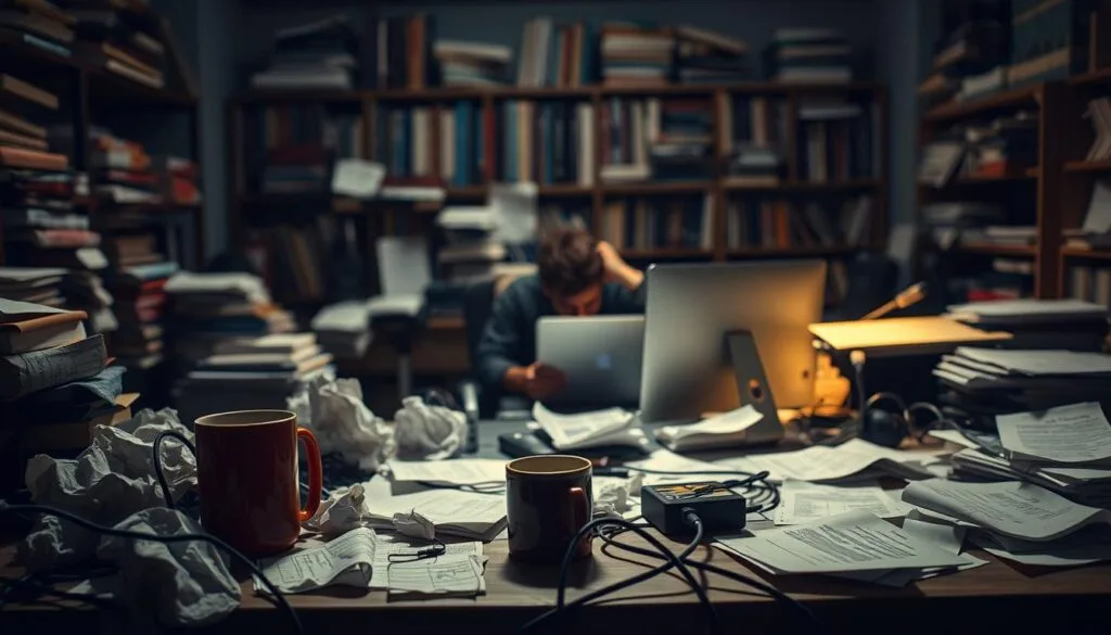 A dimly lit studio setting, with a cluttered desk in the foreground featuring various crumpled papers, a spilled coffee mug, and a tangle of cables. In the middle ground, a frustrated-looking person, presumably "Robin", sits hunched over a computer, surrounded by an array of half-used prompts and discarded sketches. The background is blurred, but hints at a wall of shelves overflowing with books and reference materials. Soft, warm lighting casts dramatic shadows, conveying a sense of creative struggle and the challenges of prompt engineering. The overall mood is one of contemplation and problem-solving, with a touch of exasperation. A dimly lit studio setting, with a cluttered desk in the foreground featuring various crumpled papers, a spilled coffee mug, and a tangle of cables. In the middle ground, a frustrated-looking person, presumably "Robin", sits hunched over a computer, surrounded by an array of half-used prompts and discarded sketches. The background is blurred, but hints at a wall of shelves overflowing with books and reference materials. Soft, warm lighting casts dramatic shadows, conveying a sense of creative struggle and the challenges of prompt engineering. The overall mood is one of contemplation and problem-solving, with a touch of exasperation.