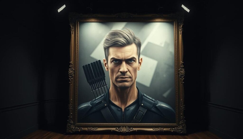 A dimly lit studio with a single, dramatic spotlight shining on a large, ornate framed canvas. The canvas depicts a highly detailed, hyper-realistic portrait of Hawkeye, the Marvel superhero, but the rendering is distorted, with strange proportions, awkward anatomy, and a lifeless, hollow expression. The background is a hazy, out-of-focus blur, suggesting the artist's struggle to capture the essence of the character. The lighting creates deep shadows and harsh contrasts, adding to the sense of technical difficulties and artistic missteps. The overall impression is one of a well-intentioned but failed attempt to create a compelling image of Hawkeye using AI-powered tools.