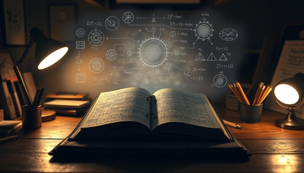 A dimly lit studio with a wooden desk, a lamp, and various writing implements. In the center, a large, open notebook, its pages filled with scribbled notes and sketches. Hovering above the notebook, a hazy, ethereal visualization of advanced prompt engineering techniques - intricate diagrams, mathematical equations, and visual metaphors. The lighting is warm and focused, creating a contemplative, almost mystical atmosphere. The camera angle is slightly elevated, giving a sense of depth and perspective. The overall scene conveys the idea of deep, thoughtful exploration of the craft of prompt refinement.