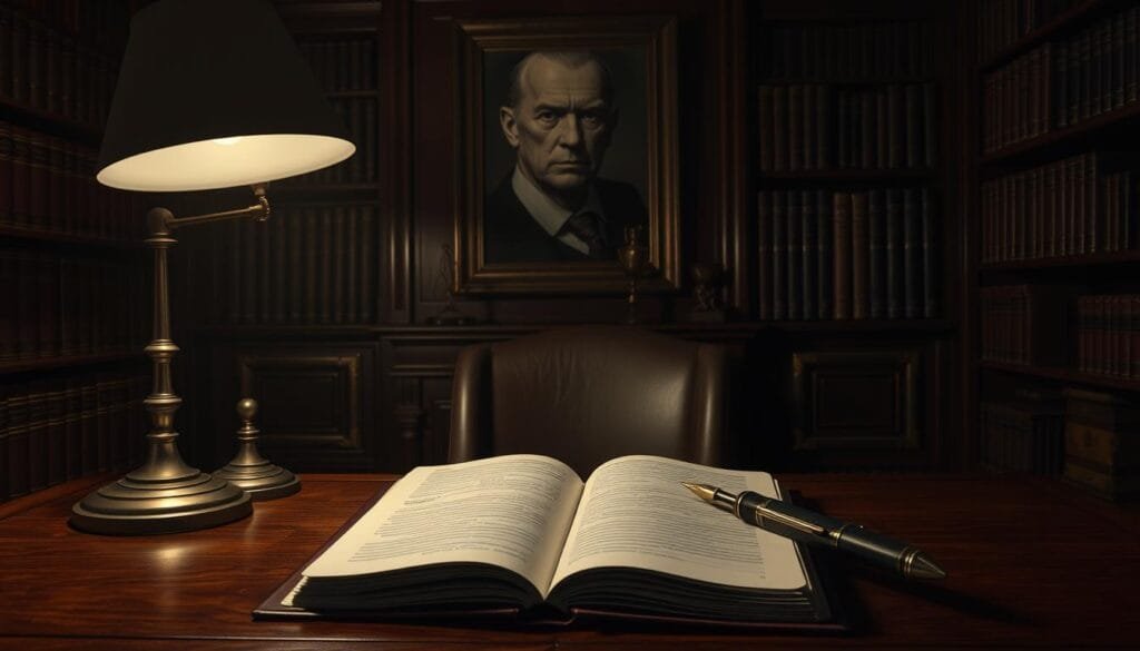 A dimly lit study, shelves lining the walls, filled with leather-bound tomes. On the mahogany desk, an open Death Note notebook, its pages crisp and blank, waiting to be filled. The light from a single desk lamp casts shadows, creating an ominous atmosphere. A quill pen rests next to the notebook, its nib glistening, ready to inscribe the names of the condemned. In the background, a portrait of a stern-faced man, his gaze piercing, looming over the scene. The air is thick with anticipation, the weight of the decisions to be made palpable. This is the perfect prompt for summoning the dark and foreboding world of Death Note.